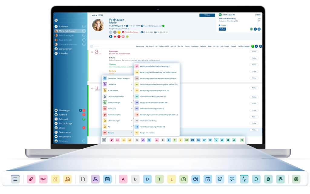 Funktionsleiste der T2med Praxissoftware für Arztpraxen, MVZ und Kliniken
